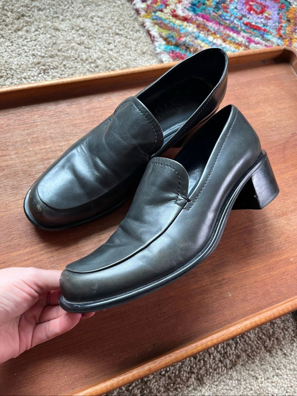 Franco Sarto VTG 90s Heeled Loafers Brazil Green Leather Block Heel Size 8.5